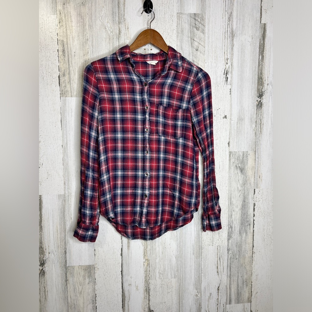Aeropostale Women's Long Sleeve Plaid Button Front Shirt Red Blue Size Medium